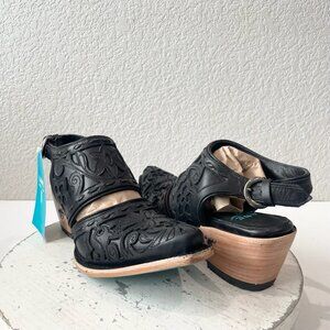 Lane Black Cutout Leather Ankle Booties with Wood Block Heel